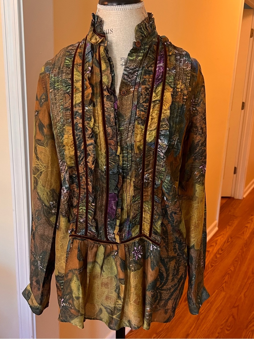 Etro Long Sleeve Ruffle-Trim Printed Dress in Olive, Gold and Purple
